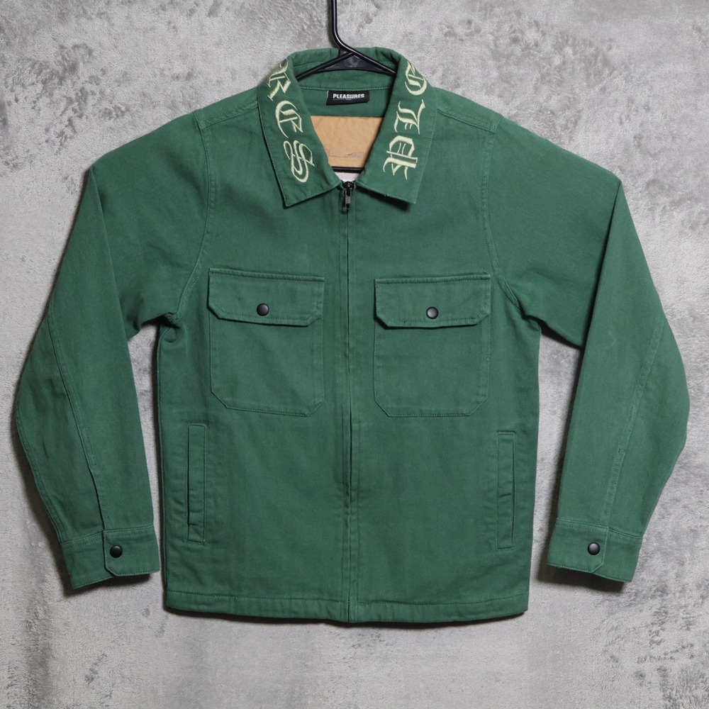 Pleasures Work Jacket Men Small Green Embroidered Collar Zip Up Denim Streetwear